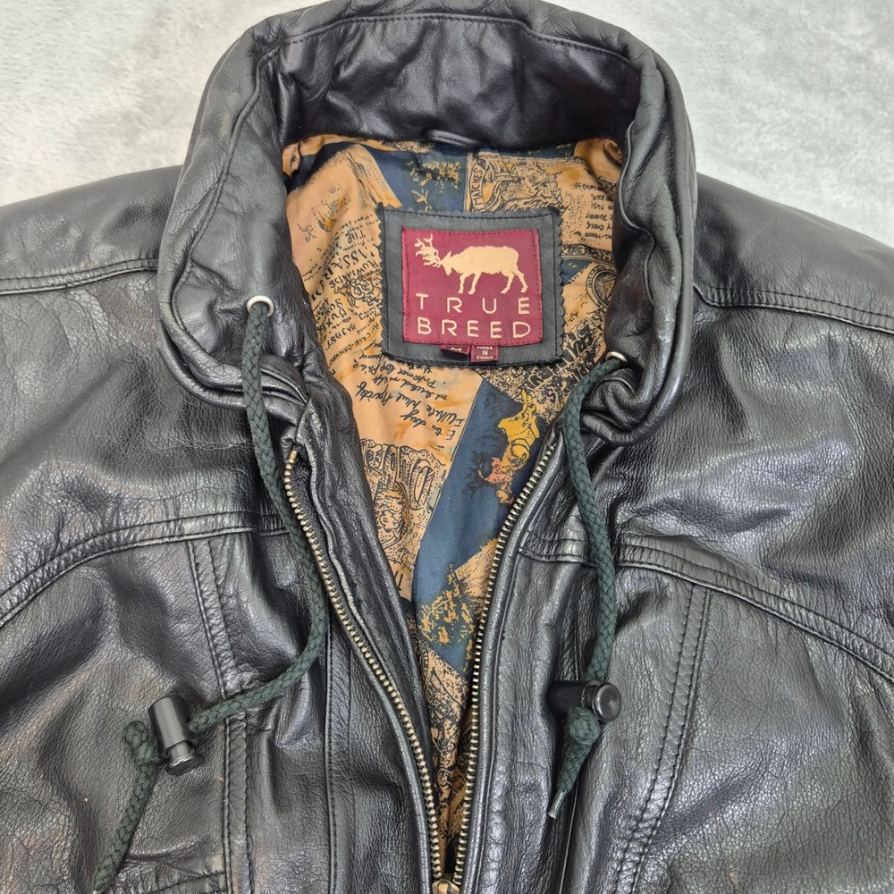 True Breed Mens Black Leather Bomber Jacket Vintage Map Lining Size M - Picture 6 of 13